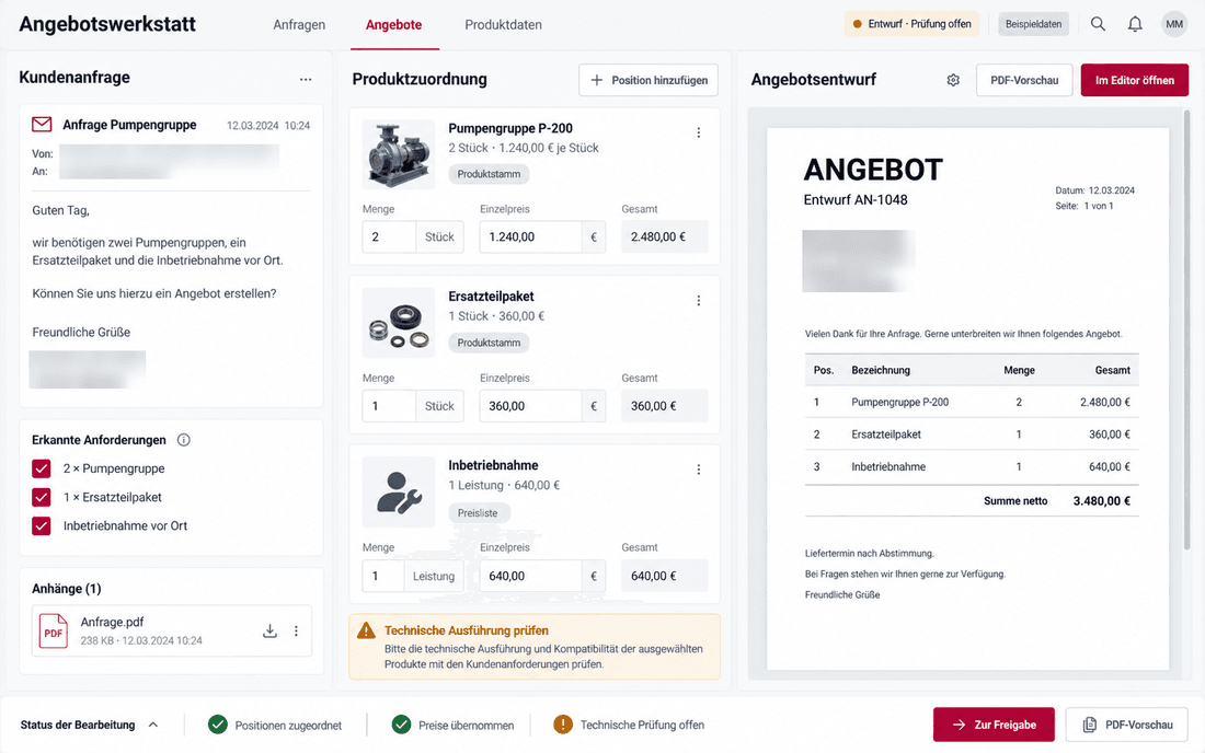 Automatisch erstellter Angebotsentwurf mit erkannten Positionen zur Prüfung