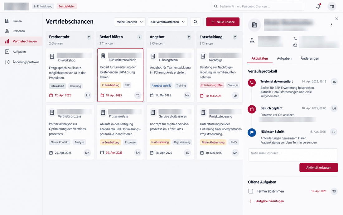 CRM mit Vertriebschancen, sortiert nach Phase, mit letztem Kontakt und nächstem Schritt