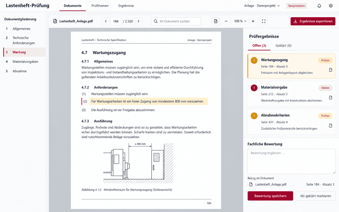 Prüfliste der kritischen Stellen mit Fundstelle und Status