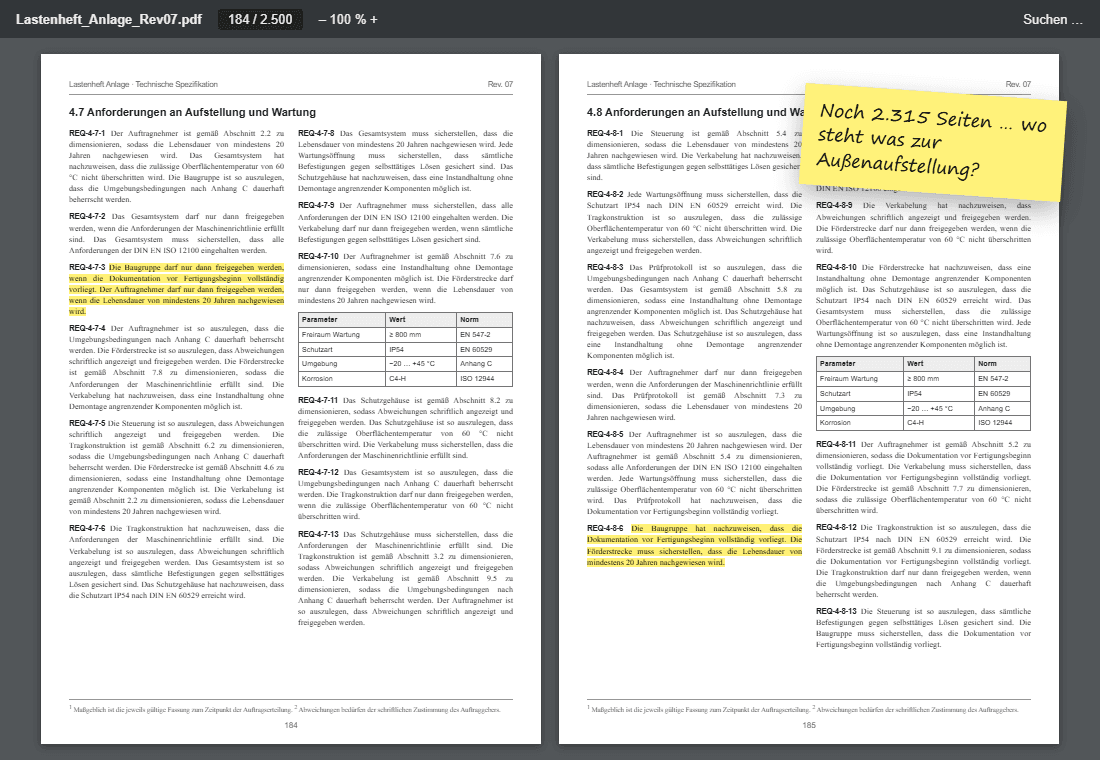 Doppelseite einer technischen Spezifikation mit dichtem, zweispaltigem Text und gelb markierten Anforderungen