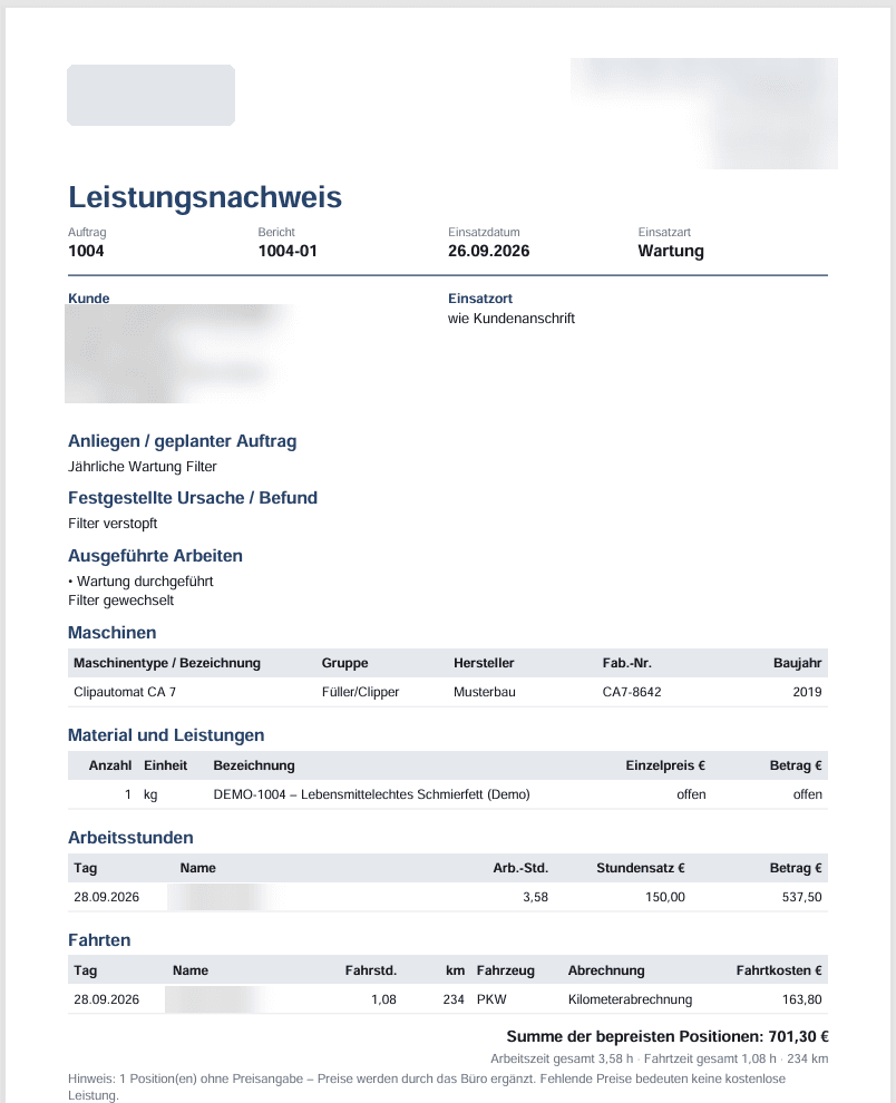 Automatisch erzeugter Leistungsnachweis als PDF mit Arbeiten, Material, Stunden und Fahrten