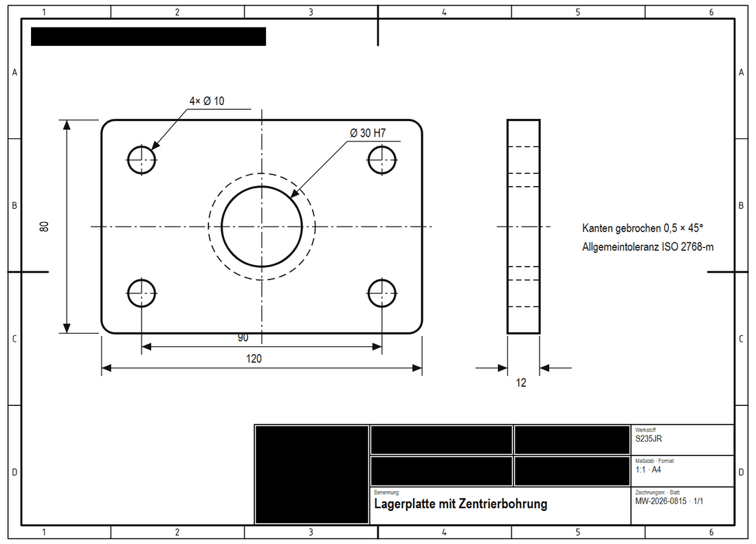 Technische Zeichnung einer Lagerplatte, Vermerk, Logo, Kunde, Kundennummer und Namen im Schriftfeld sind geschwärzt, Maße und Werkstoff bleiben lesbar