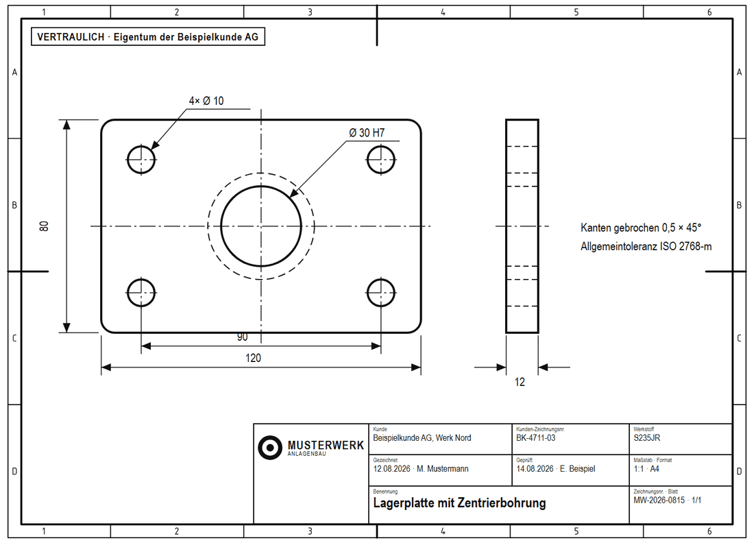 Dieselbe technische Zeichnung vor dem Schwärzen mit Kundenvermerk, Logo und Namen im Schriftfeld